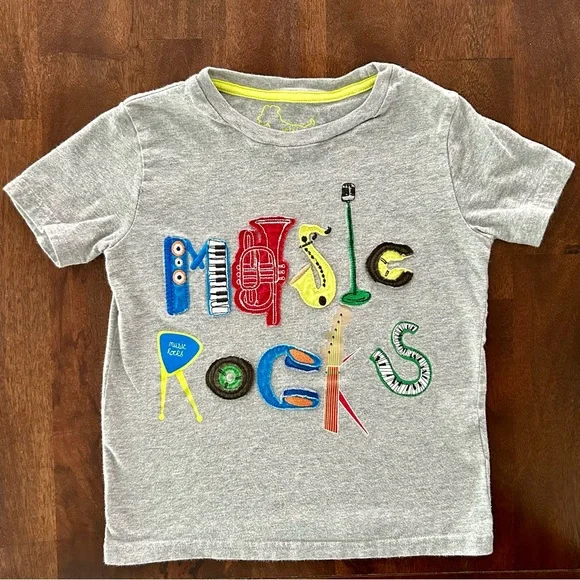 Mini Boden 5-6Y, Appliqué Logo, Grey, Red, Blue, Green Music Rocks T-Shirt, Tee - Picture 2 of 7